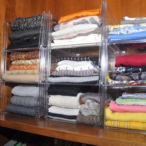 Clothes Organization On Shelves, Clothing Bin Organization, Open Closet Storage Ideas, Storage Ideas For Sweatshirts, Sweater Shelf Organization, Small Closet Sweater Storage, Stackable Closet Storage, Closet Sweatshirt Storage, Denim Closet Organization