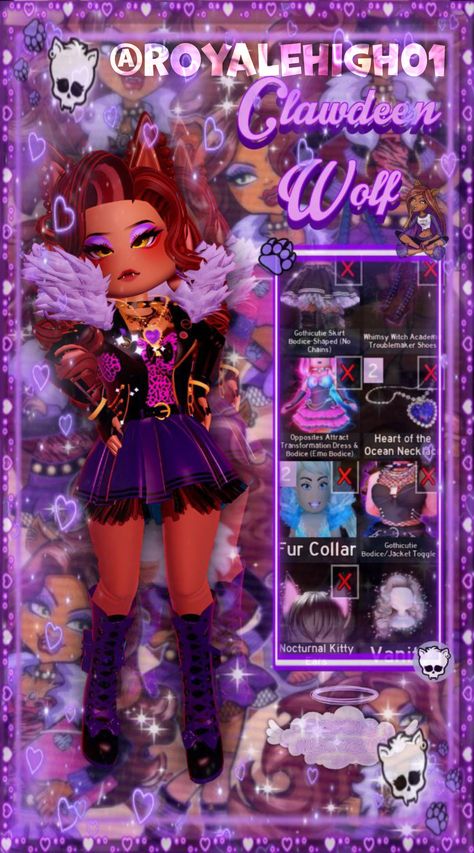 Halloween Slumber Party Royal High, Royale High Clawdeen, Draculara Royale High Fit, Clawdeen Wolf Royale High Outfit, Werewolf Outfit Royale High, Living Doll Royal High, Moana Royale High, Monster High In Royale High, Celebrity Royale High Outfits