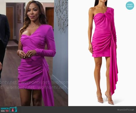 Andi’s pink twisted one-shoulder mini dress on Tyler Perrys Sistas.  Outfit Details: https://wornontv.net/451244/ Andi From Sistas Outfits, Sistas Tyler Perry, Sistas Tyler Perry Outfits, Kj Smith, Kimmy Schmidt, Unbreakable Kimmy Schmidt, Lilly Singh, Housewives Of Atlanta, Tyler Perry