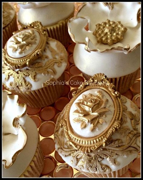 A collection of elaborate Rococo inspired gold and ivory fondant wedding cupcakes with edible sugar brooches & flowers hand painted with gold lustre finished with genuine victorian antique lace. Victorian Cupcakes, Rose Swag, 3d Mermaid, Chocolate Cake Decorating, Elegant Cupcakes, Jewelry Molds, Clay Cake, Baby Mold, Polymer Clay Cake