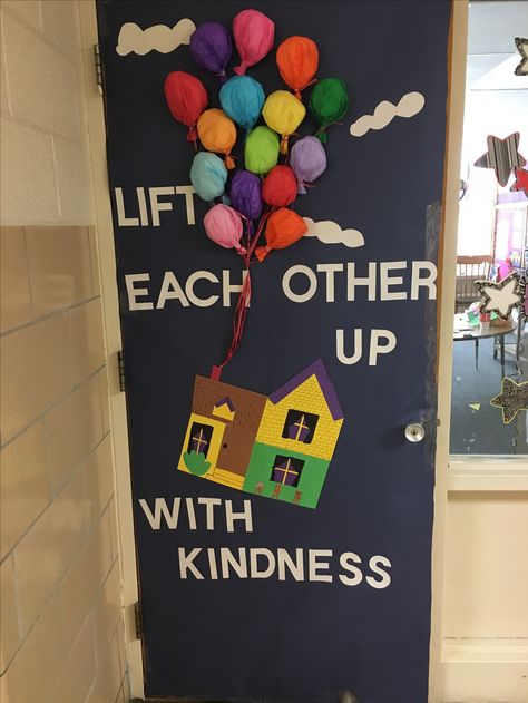 Lift each other up with kindness door decoration !! Kindness Door Decorations, Kindness Door, Kindergarten Door, Elementary School Bulletin Boards, Class Door Decorations, Kindness Bulletin Board, Door Decorating Ideas, Colorful Bulletin Boards, Stall Decorations