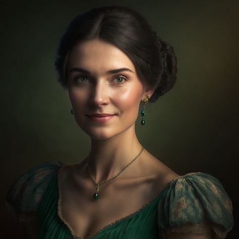 Regency Era Character Art, Brunette Hair Braids, Lips Smiling, Regency Woman, Jane Austen Style, Brunette Green Eyes, 1800s Women, Black Hair Green Eyes, Brown Hair Green Eyes