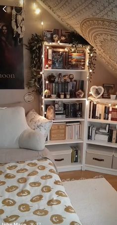 Bedroom Ideas With A Bookshelf, Comforting Room Aesthetic, Small Room With Tv Ideas, Aesthetic Mini Library, Aesthetic Room With Books, Book Inspired Bedroom Ideas, Bookshelf By Bed, Bedroom Ideas For Bookworms, Bedroom Ideas Book Lovers