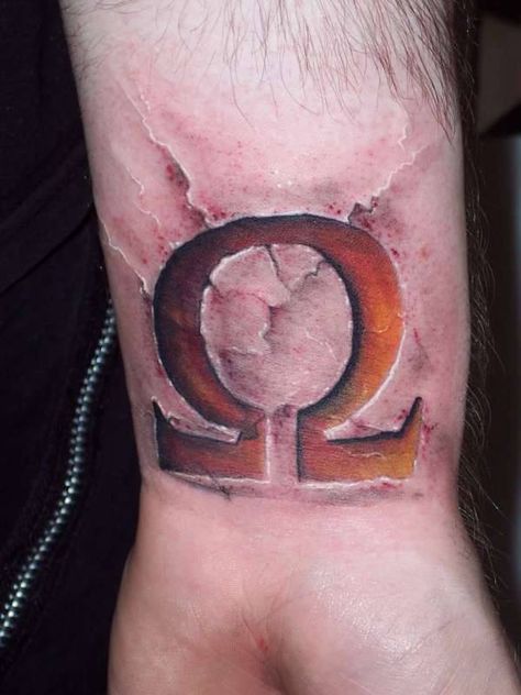 God of War Omega tattoo. Omega Tattoo, Norse Mythology Tattoo, Zeus Tattoo, Gamer Tattoos, Aztec Tattoo Designs, God Tattoos, Symbol Tattoo, Aztec Tattoo, Tattoo Symbols