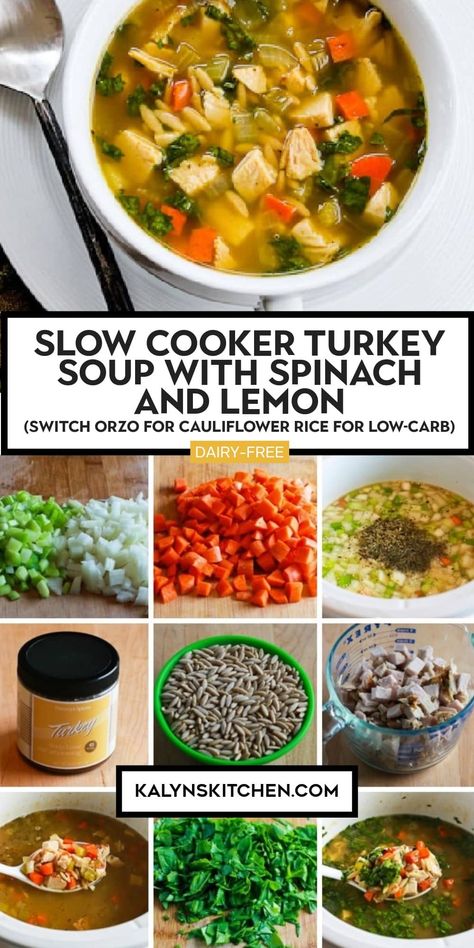 Pinterest image for Slow Cooker Turkey Soup with Spinach and Lemon in a white soup bowl with a spoon on a plate and procedure photos for making this recipe. Easy Meals For 2, Slow Cooker Turkey Soup, Soup With Spinach, Clean Dinner Recipes, Traditional Turkey, Shaped Pasta, Clean Dinner, Meals For 2, Low Carb Low Calorie