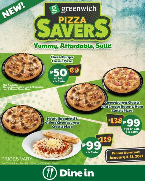 Introducing Greenwich Pizza's NEW Pizza Savers! Price starts at P50. Available for Dine-in until Jan. 31, 2021 only! #freevector Flyer Design Product, Food Promo Design, Promo Poster Design, Greenwich Pizza, Pizza Promo, Poster Promo, Food Deals, Choco Pie, Poster Food