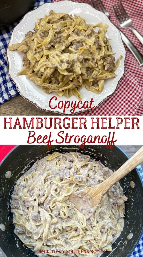 Copycat Homemade Hamburger Helper beef stroganoff is a hearty one-pot skillet pasta meal that the whole family will love. It's an easy recipe that you will want to add to your weekly rotation of meals. Hamburger Supper Ideas Ground Beef, Copycat Hamburger Helper Beef Stroganoff, Ground Beef Stroganoff Recipe Homemade Hamburger Helper, Creamy Hamburger Helper, Diy Hamburger Helper Stroganoff, Hamburger Helper Stroganoff Homemade, Homemade Hamburger Stroganoff, Hamburger Helper Homemade Crockpot, Hamburger Helper Copycat Recipes