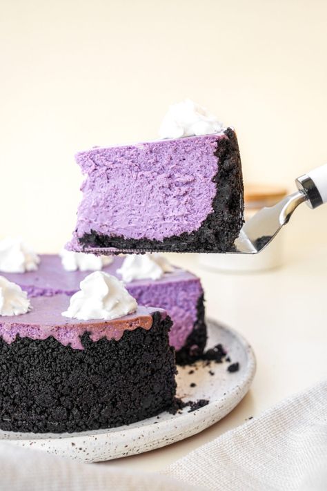 Ube Cheesecake with Oreo Crust - One Happy Bite Ube Fudge Recipes, Ube Desserts Recipes, Ube Cheesecake Recipe, Ube Desserts, Ube Dessert, Oreo Cookie Butter, Ube Cheesecake, Cheesecake With Oreo Crust, Oreo Crust Cheesecake