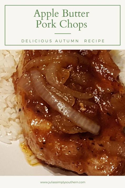 Apple butter pork chops recipe #porkchops Apple Butter Pork Chops Air Fryer, Apple Butter Pork Chops Baked, Apple Butter Glazed Pork Chops, Applebutter Porkchops, Pork Chops With Apples And Stuffing, Butterfly Pork Chop Recipes, Thick Cut Pork Chop Recipes, Apple Butter Pork Chops, Butter Pork Chops