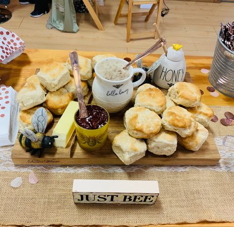 Bee Themed Grazing Table, Biscuits And Gravy Charcuterie Board, Bee Themed Breakfast, Honey Charcuterie Board, Honey Themed Charcuterie Board, Good To Bee Three, Bee Themed Brunch, Biscuit Charcuterie Board, Honey Bee Charcuterie Board