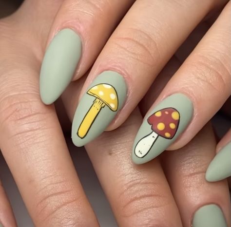 Almond Nails Mushroom, Nail Design Mushroom, Gel Nails Mushroom, Almond Nails Mushroom Design, Nails With Mushrooms On Them, Hipster Nails, Gel Nails, Nail Art, Nails