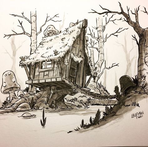 Swamp House, Derek Laufman, Old Witch, Draw Ideas, Mori Kei, Art Things, Fantasy Places, Background Art, Landscape Drawings