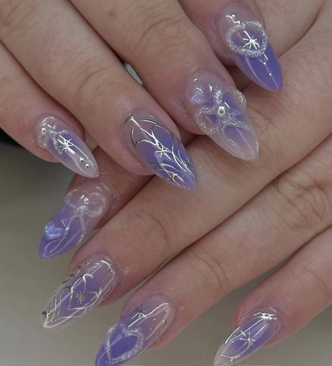 Purple Japanese Nails, Douyin Nails Purple, Purple 3d Nails, Purple Blush Nails, Purple Nails Korean, Purple Korean Nails, Purple Pearl Nails, Nail Designs Charms, Purple Nail Set