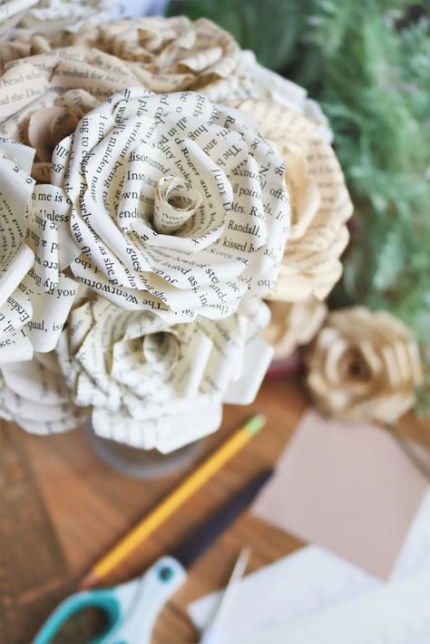 How to Make Book Page Paper Roses – With Love, Melissa Paper Rose Tutorial, How To Make Book, Book Page Roses, Paper Roses Diy, Crafts Stickers, Book Page Crafts, Rose Tutorial, Upcycle Books, How To Make Stencils