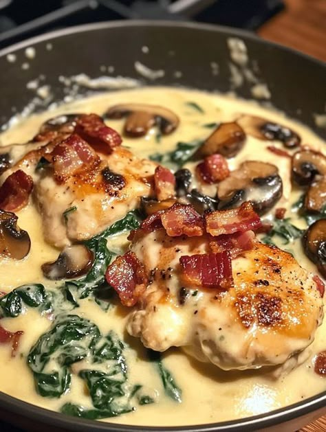 Smothered Chicken with Creamed Spinach, Bacon, and Mushrooms Smothered Chicken With Creamed Spinach, Chicken With Creamed Spinach, Chicken Spinach Mushroom, Chicken Spinach Recipes, Mini Crockpot Recipes, Chicken With Spinach, Creamed Spinach Recipe, Smothered Chicken, Bacon Stuffed Mushrooms