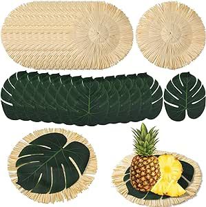 Sunnychicc 24 Pack Luau Placemats and Palm Placemat, 12Pcs Round Luau Fringe Place Mats 12Pcs Tropical Palm Leaf Place Mats Bulk Summer Hawaiian Plate Chargers Table Placemats Tropical Party Supplies Plate Chargers, Luau Theme Party, Luau Theme, Party Table Settings, Beach Themed Party, Table Setting Decor, Tropical Resort, Hawaiian Party, Tropical Party