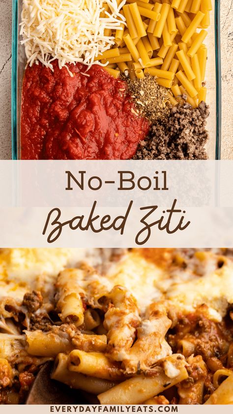 Baked Ziti No Boil Pasta, Feed A Crowd Cheap Lunch, Cheap Baked Ziti, Simple Pasta Casserole Recipes, Dry Pasta Bake, Baked Ziti With Ground Beef Without Ricotta, Baked Ziti With Ground Beef Sour Cream, No Boil Baked Spaghetti, Dump And Bake Baked Ziti