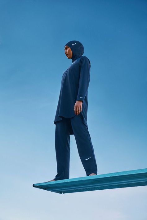 Nike Women's Modest Swimwear Campaign (Nike) Nike Casual Beach Swimwear, Modest Surfing Swimwear, Nike Beachwear Swimwear, Nike Athleisure Swimwear, Swimsuit Hijab, Nike Hijab, Modest Sportswear, Swimwear Campaign, Full Body Swimsuit