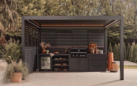 Save this pin for a collection of stunning covered outdoor kitchen ideas to elevate your backyard space. Discover inspiration to create your perfect outdoor oasis. #OutdoorKitchen #HomeDecor #BackyardInspiration Grey Garden Furniture, Woven Outdoor Furniture, Modular Outdoor Kitchen, Luxury Outdoor Kitchen, Small Outdoor Kitchens, Aluminium Outdoor Furniture, Modular Outdoor Kitchens, Louvered Pergola, Outdoor Bbq Kitchen