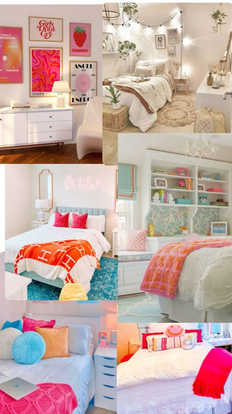 Colorful bright Preppy Bright Bedroom, Bright Teen Bedroom, Bright Happy Bedroom Ideas, Bright Preppy Bedroom, Bright Pink Bedroom Ideas, Bright Colored Room, Bright Colored Girls Bedroom, Bright And Cheery Bedroom, Bright Colorful Bedroom