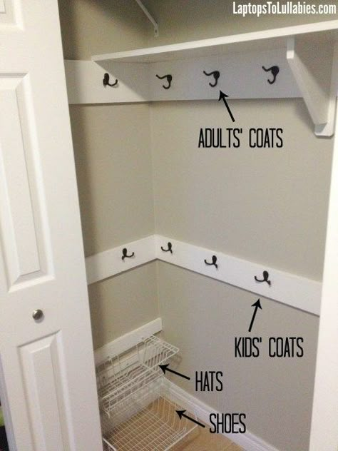 How we (finally) organized our entry closet - Heather's Handmade Life Coat Hooks In Closet, Small Mudroom Closet Organization, Homey Entry Way, Small Closet Addition, Diy Entryway Closet Ideas, Coat Closet Organization Front Entry Small Spaces Shoe Storage, Entry Closet Shoe Organization, Coat Closet Front Entry, Front Coat Closet Organization