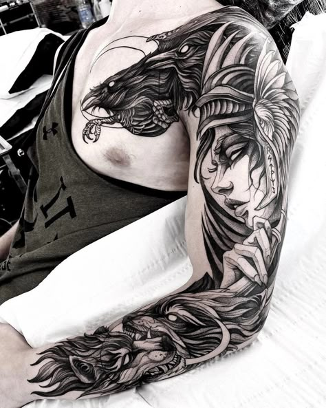 Odin Tattoo Ideas, Norse Mythology Tattoo, Valkyrie Tattoo, Viking Tattoo Sleeve, Fox Tattoo Design, Crow Tattoo, Goddess Tattoo, Half Sleeve Tattoos For Guys, Mythology Tattoos