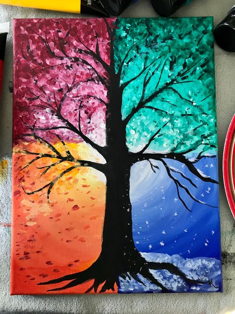 Seasons Changing Art, Seasons Artwork, Four Seasons Painting, Tree Seasons, Multi Canvas Painting, Four Seasons Art, Tree Of Life Artwork, Tree Of Life Painting, Fall Canvas Painting