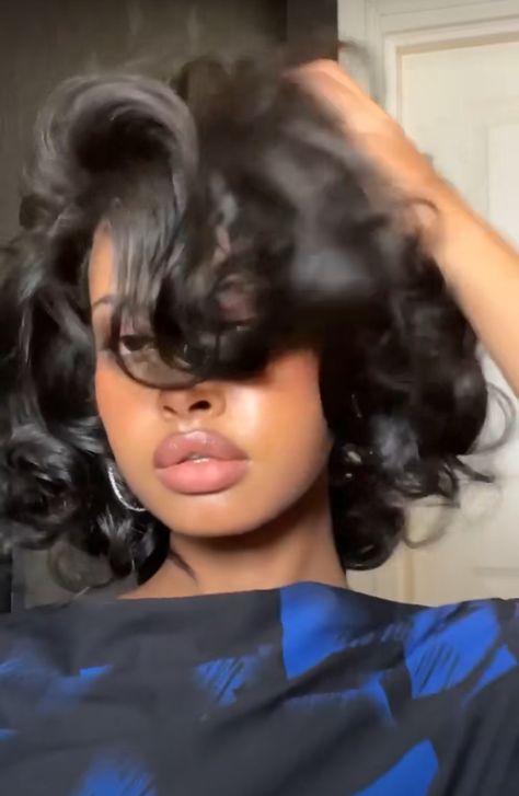 Short Blowout Black Women, 90s Fluffy Bob Black Women, 90s Blowout Hair Black Women Short, Silk Press Haircut, Fluffy Blowout Hair Black Woman, Short Curly Silk Press, Silk Press Natural Hair Side Part, Wispy Bob Hairstyles, Curled Silk Press