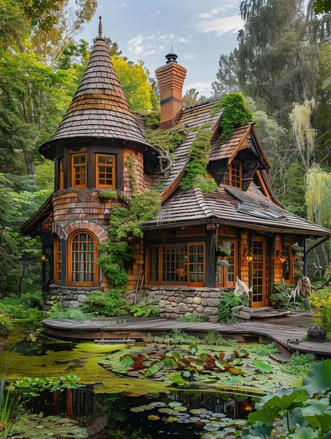 Studio Ghibli Fantasy Fairytale House Studio Ghibli Architecture, Studio Ghibli House, Magical Forest Background, Architecture Magazine Cover, Ghibli House, Pond With Lily Pads, Fairytale Homes, Fantasy Cabin, Landscape Studies