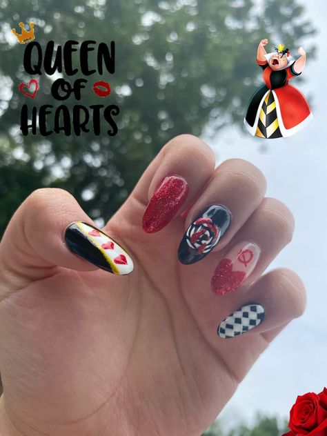 Queen Of Hearts Nail Ideas, Queen Of Heart Nails Designs, Queen Of Hearts Nails Designs Alice In Wonderland, Alternative Valentines Nails, Queen Of Hearts Nail Art, Evil Queen Nails, Queen Of Hearts Nails Designs, Queen Of Hearts Nails, Hearts Nails