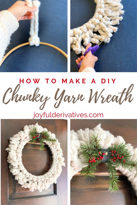 Make Your Own Boho Chunky Yarn Wreath // Follow these easy and simple step-by-step instructions to make a Boho wreath you can use year round! It looks lovely as a Christmas or Winter wreath, but switch out the foliage and you can use it as a Spring or Summer wreath too! #Chunkyyarnwreath #bohowreath #DIYwreath Easy Wreaths To Make Simple, Diy Boho Wreaths For Front Door, Diy Winter Wreaths, Easy Winter Wreaths Diy, Trending Wreaths, Boho Wreath Diy, Kid Wreath Craft, Christmas Boho Wreath, Yarn Wreath Christmas