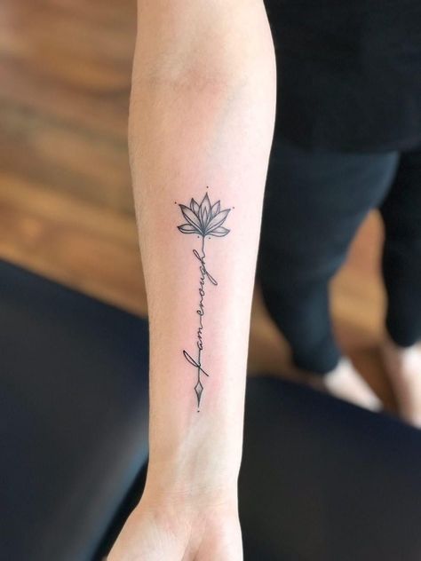 Enough Arrow Tattoo, Watermark Tattoos For Women, Unalome Family Tattoo, Stay Calm Tattoo Ideas, Enough Flower Tattoo, Lotus Flower With Words Tattoo, I Am Enough Arrow Tattoo, Hand Written Tattoos For Women, Meaning Full Tattoos Small For Women