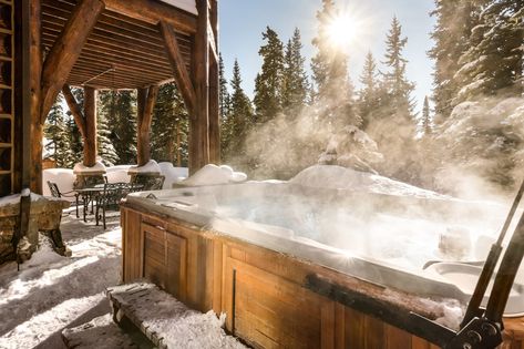 Hannah's family's ski cabin, outdoor hot tub and seating area Cozy Hot Tub Aesthetic, Cabin Hot Tub Aesthetic, Winter Cabin Honeymoon, Hot Tub In The Mountains, Hot Tub In The Snow, Ski Cabin Aesthetic, Snowy Hot Tub, Snow Hot Tub, Small Winter Cabin