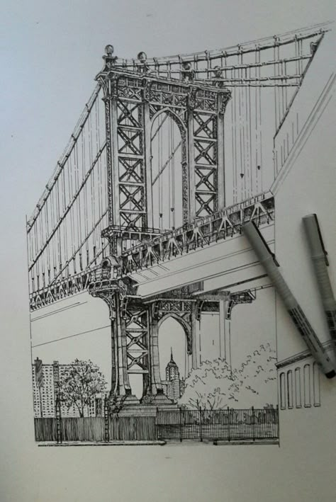 Pen an ink drawing of  Manhattan Bridge, NY Pen N Ink Drawings, Bridge Ink Drawing, Pen Art Work Building, Manhattan Bridge Drawing, Micron Pen Art Sketches Architecture, Architecture Drawing Art Sketches, Architecture Concept Drawings Sketches, Bridges Drawing, Drawing Buildings Sketch