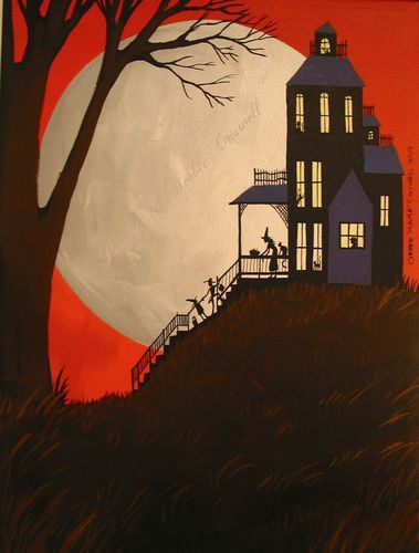 Witch House Painting, Houses Wallpaper, Painting Folk Art, Silhouette Halloween, Black Folk Art, Keto Thanksgiving, Halloween 23, Contemporary Folk Art, Halloween Folk Art