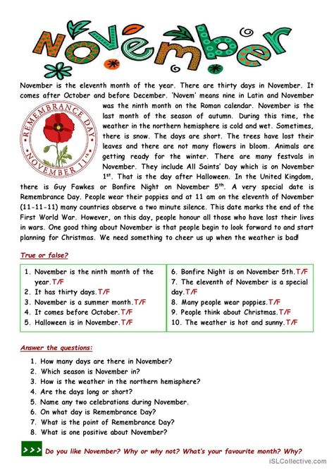 Easy reading: November general gramm…: English ESL worksheets pdf & doc English Articles For Reading, Back To School Art Activity, November Reading, Reading Comprehension For Kids, Esl Reading, Reading Comprehension Lessons, English Exam, Month Of November, English Activities For Kids