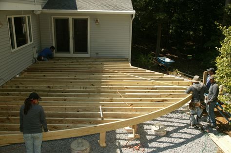 Curved deck designs are becoming popular. Composite decking and PVC can be bent to fit the curves, but how do you make pressure-treated framing conform to a radius? Good layout and saw kerfs. Curved Deck, Deck Building Plans, Curved Pergola, Laying Decking, Deck Framing, Cheap Pergola, Deck Construction, Deck Stairs, Deck Designs