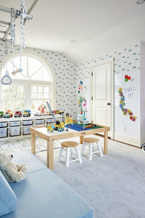 Greenwich Play -the authority on purposeful playrooms Large Playroom Layout, Living Playroom, Main Level Playroom, Rectangle Playroom Layout, Playroom 1 Year, Playroom Centers, Awesome Playroom Ideas, Main Floor Playroom, Family Playroom