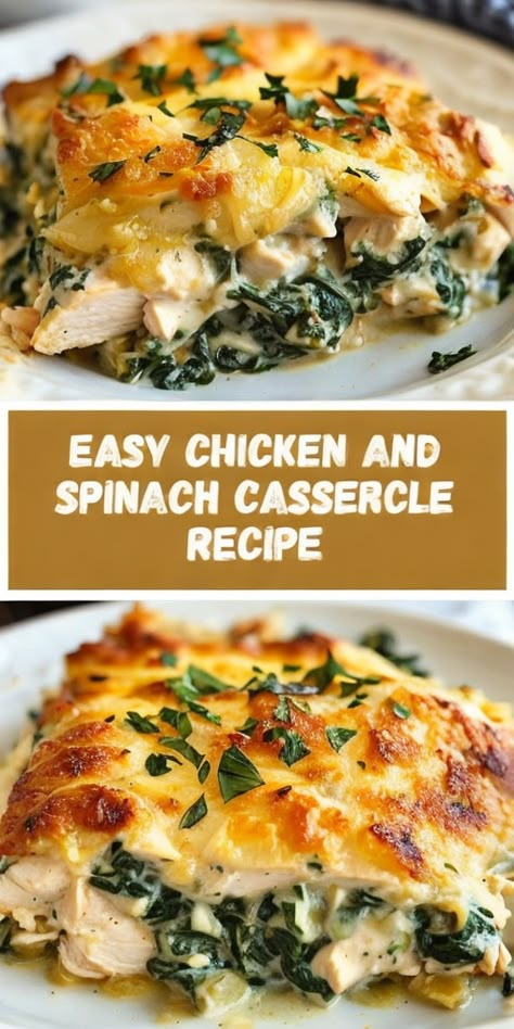 Quick & tasty Chicken Spinach Casserole perfect for busy weeknights! Enjoy a comforting, healthy meal in a snap. #EasyDinner #HealthyEating #WeeknightMeals #Casserole #ChickenRecipe Main Dishes With Spinach, Creamy Chicken And Spinach Casserole, Chicken And Frozen Spinach Recipes, Chicken Spinach Cream Cheese Recipes, Stuff Chicken With Spinach Cream Cheese, Chicken Cream Cheese Spinach, Chicken Spinach Casserole Recipes, Spinach And Chicken Recipes, Spinach Recipes Dinner