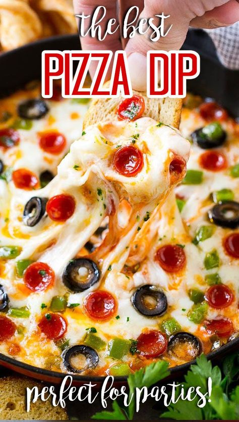 This warm pizza dip is loaded with cheese, pepperoni and a variety of toppings, all baked to gooey perfection. Pizza Dip Appetizers, Pizza Dip Recipes, Pepperoni Pizza Dip, Meat Lovers Pizza, Pizza Dip, Delicious Dips Recipes, Healthy Appetizer Recipes, Cream Cheese Dips, Best Appetizer Recipes