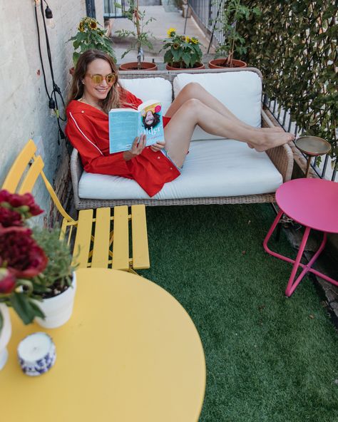 My Little Patio. - The Stripe Grace Atwood, Rattan Lounger, Acapulco Chair, Small Couch, Brooklyn Apartment, Yellow Table, Spa Water, Citronella Candles, Pink Table