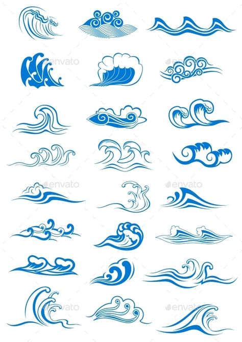 Blue Ocean Waves Set Miami Ink Tattoos, Wave Drawing, Sketch Note, Ocean Tattoos, Arrow Tattoo, Waves Tattoo, Water Waves, Ocean Waves, Blue Ocean