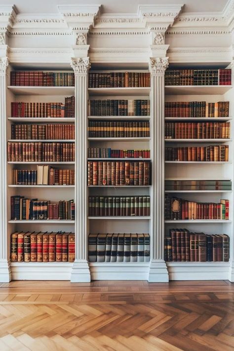 Built In Bookshelves Crown Molding, Molding Bedroom, Bookshelves Modern, Crown Molding Ideas, Elegant Library, In Home Library, Home Library Ideas, Fireplace Bookcase, Dining Room Library