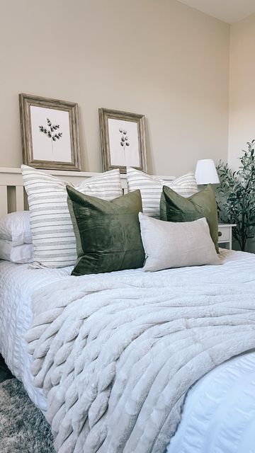 Hunter Green Neutral Bedroom, Bedroom With Hunter Green Accents, Pop Of Green Bedroom, Home Decor Ideas Green And Grey, Beige Gold And Green Bedroom, Green Cream Grey Bedroom, White Bedding With Green Accent Pillows, Green And Grey Bedding Ideas, Neutral Green Bedding