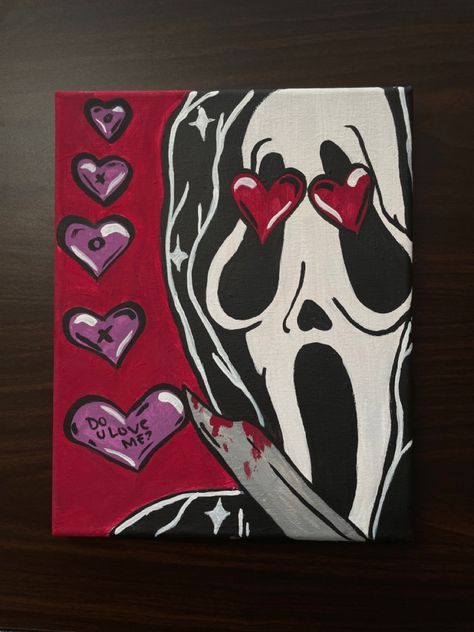 Ghost Face Valentines Day, Halloween Drawings For Boyfriend, Ghostface Valentines Day, Scream Movie Painting, Scream Valentine, Scream Painting Aesthetic, Scream Painting Easy, Scream Canvas Painting, Scream Painting Ideas