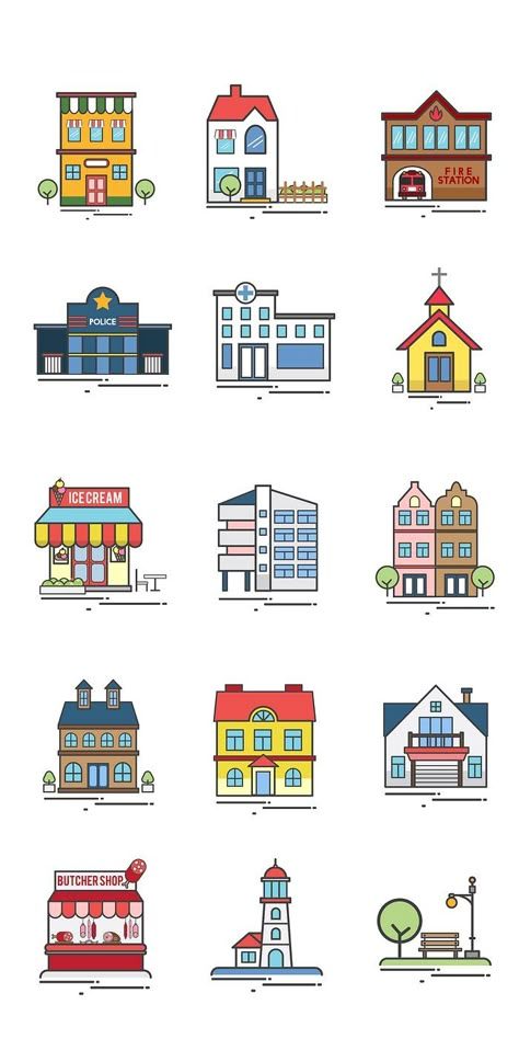 Collection of buildings and houses | Premium Vector - rawpixel Community Map Drawing, Cute House Design, Construction Theme Preschool, Cardboard City, Cartoon Building, Transportation Crafts, Transportation Preschool, Holiday Program, City Decor