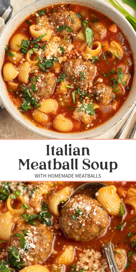 Incredible Italian meatball soup takes homemade Italian meatballs and combines them with tender pasta, fresh veggies, and a flavorful tomato broth for a hearty, satisfying soup that's super easy to make. Great for cooler weather and busy evenings. Italian Meatball Tortellini Soup, Mini Meatball Soup Recipes, Fast And Easy Soup Recipes, Italian Meatball Soup, Homemade Italian Meatballs, Meatball Soup Recipes, Pasta Fresh, Italian Meatball, Fall Soup