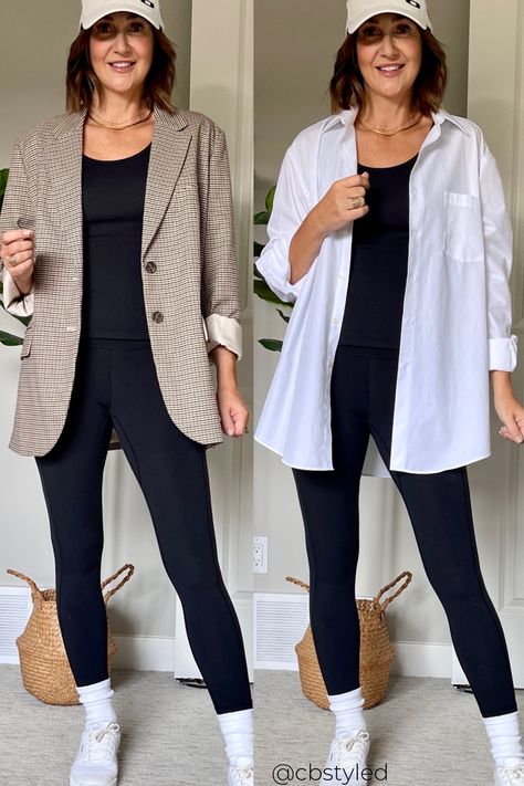 Leggings Trainers Outfit, Professional Outfit Leggings, Bootcut Leggings Outfit Summer, Legging Professional Outfit, Leggings With Shirt Outfit Ideas, Shirts And Leggings Outfit, Smart Casual Leggings Outfit, Leggings Outfit Professional, Black Leggings Spring Outfit