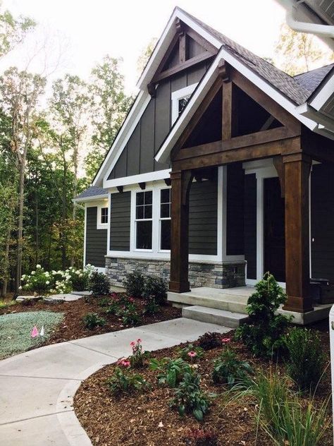 Grey Siding With Wood Accents, Dark Gray Home Exterior, House Siding Ideas Exterior Colors, Dark Siding House, Sherwin Williams House Colors, Dark Grey Siding, Cottage House Exterior, Farmhouse Exterior Design, Gray House