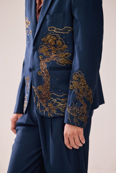 Navy And Gold Suit, Unique Men’s Wedding Outfit, Celestial Wedding Groom Suit, Star Suit Men, Celestial Outfit Male, 21st Bday Outfit, Star Suit, Forest Embroidery, Silent Sky